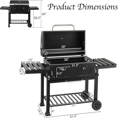 Outdoor Charcoal Grill with 2 Wheels and Individual & Adjustable Charcoal Doors, Compact Iron BBQ Grill for Party Picnic Hiking Backyard Cooking, Asadores de Carbon (Black)