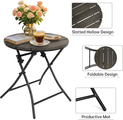 TeoKJ Folding Black Small Outdoor Side Tables, HDPS Patio Table | Metal Round Anti Rust Patio Desk, No Assembly Small Nightstand for Yard, Balcony, Lawn, Pool, Lightweight, Black