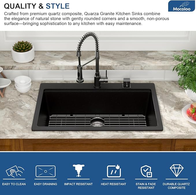 Mocoloo 33 Inch Drop in Workstation Kitchen Sink, 33x22 Matte Black Granite Composite Quartz Single Bowl Topmount Ledge Sink Above Counter