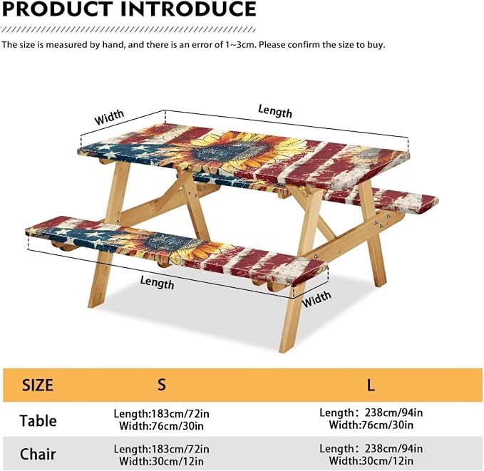 Patriotic Flag Sunflower Picnic Table and Bench Covers 3 PCS Set Camping Table Cloth for Picnic Table for Outdoor Camping