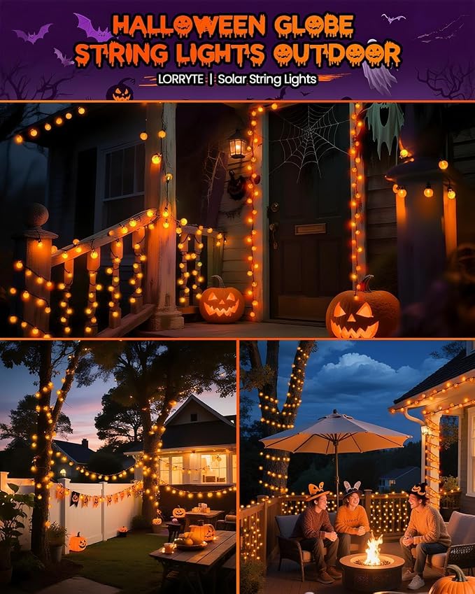 LORRYTE 2 Pack 64FT 100 LED Crystal Globe Solar Halloween Lights, Orange | Halloween String Lights Outdoor Waterproof, 8 Modes, Solar Powered Halloween Decorations for Outside Garden Patio Party Yard