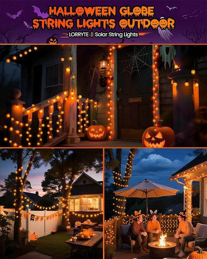 LORRYTE 2 Pack 64FT 100 LED Crystal Globe Solar Halloween Lights, Orange | Halloween String Lights Outdoor Waterproof, 8 Modes, Solar Powered Halloween Decorations for Outside Garden Patio Party Yard