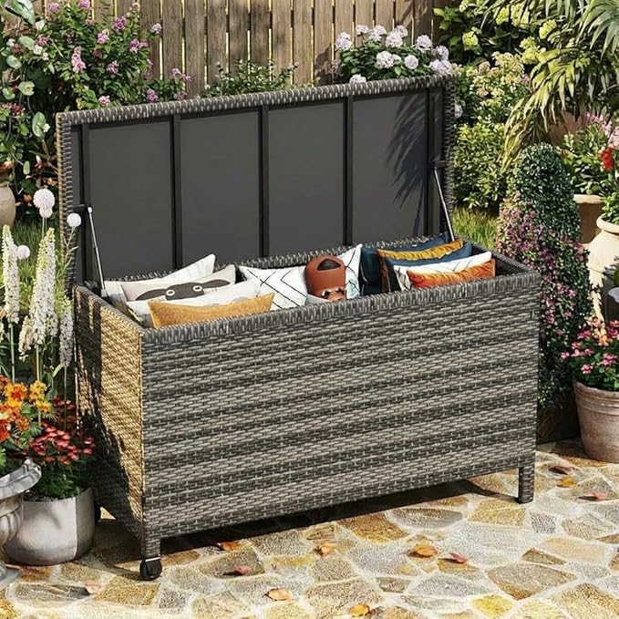 GarveeLife Outdoor Wicker Storage Box, PE Rattan Patio Storage Chest with Steel Frame, Weather-Resistant Deck Storage Box for Cushions, Garden Tools & Pool Accessories – Brown Wicker