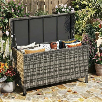 GarveeLife Outdoor Wicker Storage Box, PE Rattan Patio Storage Chest with Steel Frame, Weather-Resistant Deck Storage Box for Cushions, Garden Tools & Pool Accessories – Brown Wicker