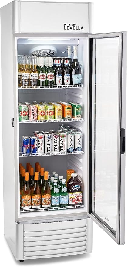 PremiumLevella PRF125DX Glass Door Display Refrigerator 12.5 cu ft Commercial Beverage Cooler Merchandiser With Customizable Lightbox - Silver