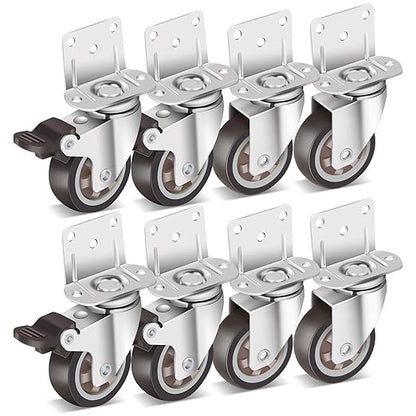 Nefish 2 Inch Side Mount Casters 8 Pack, L-Shaped TPR Rubber Caster Set of 8, Ball Bearing 360 Degree Plate Swivel Castors Wheel, Corner Castors Wheels for Furniture, Baby Bed, Kitchen, Cabinet, Table