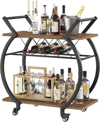 LVB Industrial Bar Cart, Beverage Serving Cart with Wheels, Rustic Brown | Modern Bar Cart with Wine Rack, Wooden Microwave Drink Liquor Cart for Dining Room, Coffee Liquor Drink Cart with Storage
