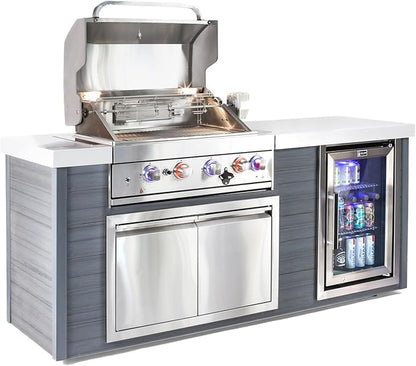 Mont Alpi Artwood Series - 78"W x 47"H x 27"D All Weather HDPE Outdoor Kitchen Island with Refrigerator & Double Access Doors + 32"W Stainless Steel 4-Burner Built-in BBQ Gas Grill with Rotisserie Kit