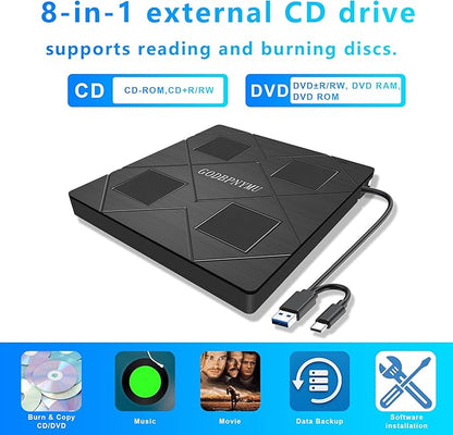 External CD Drive: an 8-in-1 DVD Player for Laptop Featuring USB*2 /C*2,TF/SD Card Reader.CD/DVD +/-RW Burner,Compatible with Windows 11/10/ 8/7/XP,Linux,Mac os. Comes with 1+4 Storage Bag