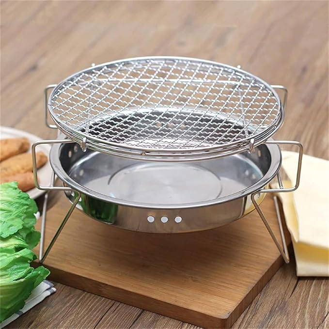Barbecue Charcoal Grill Portable Folding Grill Stainless Steel Barbecue Grill Round Charcoal Grill Outdoor Camping Charcoal Bbq Grill, 22*14cm, Silver