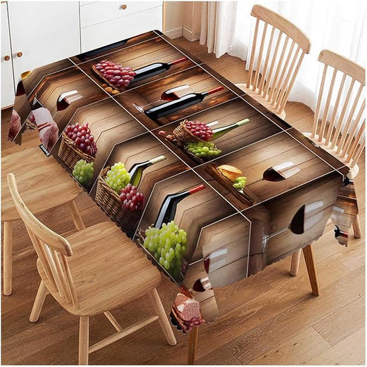 Swono Tablecloth Wine, Retro Red Wine Bottle Glass Grape Wooden Table Cloth for Kitchen Dining Tabletop Decoration Parties Weddings, 52 X 70 Inch Rectangle Tablecloth