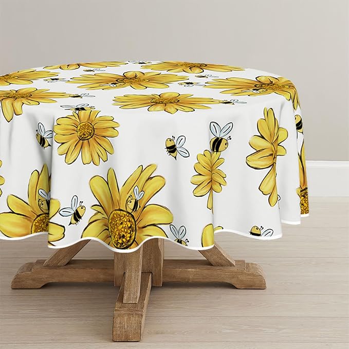 Horaldaily Summer Tablecloth 70 x 70 Inch Round Yellow Sunflower Bumble Bee | White Fall Washable Table Cover for Party Picnic Dinner Decor