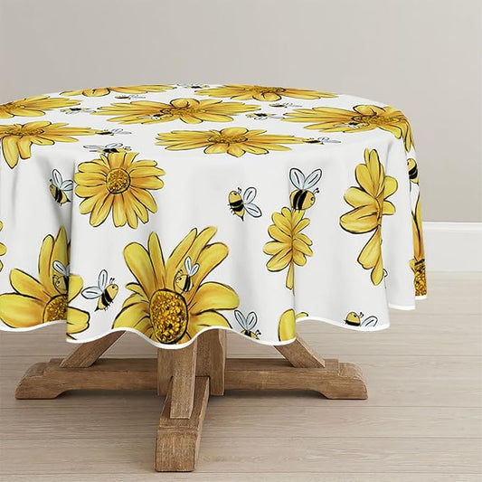 Horaldaily Summer Tablecloth 70 x 70 Inch Round Yellow Sunflower Bumble Bee | White Fall Washable Table Cover for Party Picnic Dinner Decor