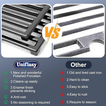 Uniflasy 7638 Grill Grates 7636 Flavorizer Bars for Weber Spirit 300 and Spirit II 300 Front Control, E310 E320 E330 S310 S320 S330 SP310 SP330, Porcelain-Enameled Cast Iron, 7-Pack 3-Burner Heat Kit