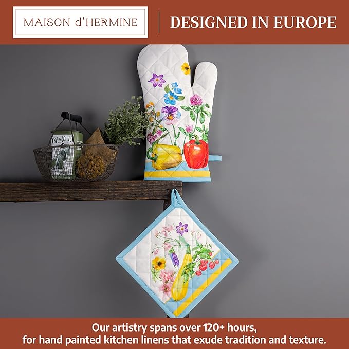 Maison d' Hermine 100% Cotton Oven Mitt & Pot Holder Set (7.5"x13" & 8"x8") Heat Resistant BBQ Cooking Gloves with Loop Baking Grilling Kitchen Hotel Home Farmhouse Spring Summer (Giverny)