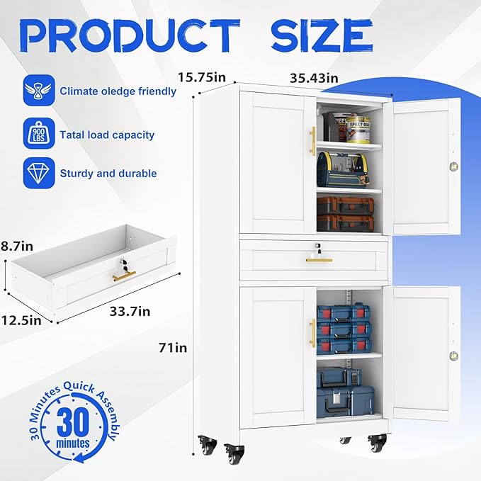 GAIOUS Metal Garage Storage Cabinet with Wheels and Drawer, Steel File Cabinet for Home Office, 71'' Tall Tool Cabinet with 4 Locking Doors and 3 Adjustable Shelves, Rolling Cabinet for Garage - White