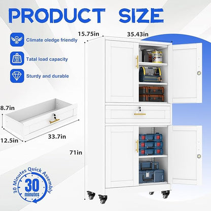 GAIOUS Metal Garage Storage Cabinet with Wheels and Drawer, Steel File Cabinet for Home Office, 71'' Tall Tool Cabinet with 4 Locking Doors and 3 Adjustable Shelves, Rolling Cabinet for Garage - White