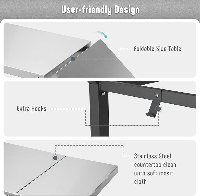 Feasto 43" Lx20 W Grill Table with Folding Side Table & Undershelf, Gray | Stainless Steel Tabletop, Foldable Side Shelf, Sturdy Undershelf, for Pizza Ovens, BBQ Grills, & Prep Work (Hooks Included)