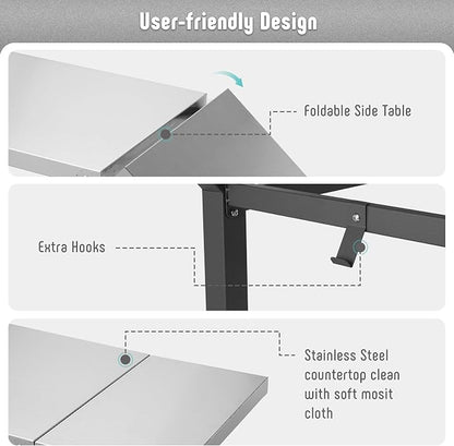 Feasto 43" Lx20 W Grill Table with Folding Side Table & Undershelf, Gray | Stainless Steel Tabletop, Foldable Side Shelf, Sturdy Undershelf, for Pizza Ovens, BBQ Grills, & Prep Work (Hooks Included)
