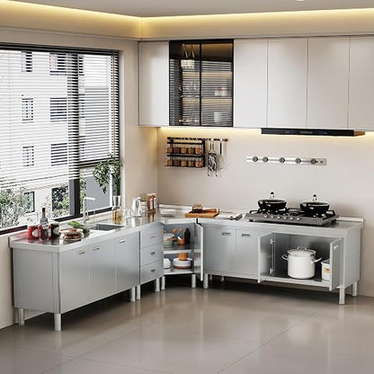 ZZV Corner Stainless Steel Table with Cabinet for Prep & Work Heavy Duty Work Table Commercial Stainless Steel Kitchen Cabinet for Restaurant Hotel Cafe Workshop Garage