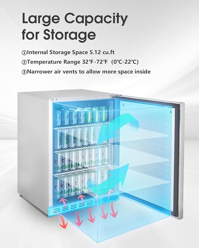 HCK Outdoor Refrigerator 24 Inch, Undercounter Refrigerators with Stainless Steel Door, 161 Can Beverage Fridge for Home Bar, Kitchen, Patio, Outdoor, Commercial Use