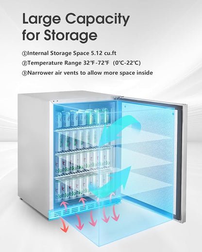HCK Outdoor Refrigerator 24 Inch, Undercounter Refrigerators with Stainless Steel Door, 161 Can Beverage Fridge for Home Bar, Kitchen, Patio, Outdoor, Commercial Use