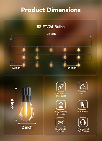 Minetom 53FT Outdoor String LED Patio Lights Waterproof,Shatterproof S14 Vintage Edison Bulbs,Commercial Grade Outside Hanging Lights Waterproof for Porch Deck Garden Backyard Balcony Cafe Bistro