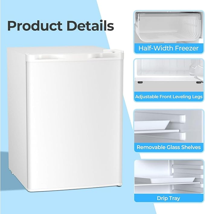 COWSAR 2.6 Cu.Ft Mini Fridge with Freezer, Freestanding Compact Refrigerator with Reversible Door & 7-Speed Thermostat, Small Fridge for Office, Apartment, Gameroom (WHITE)