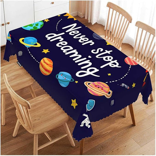 Swono Rectangle Tablecloth Outer Space Table Cover 52x70 Inch Never Stop Dreaming Quote Cute Planet Stars Sun Table Cloth for Rectangle Tables Decorative Tablecloth for Dining Party Camping BBQ