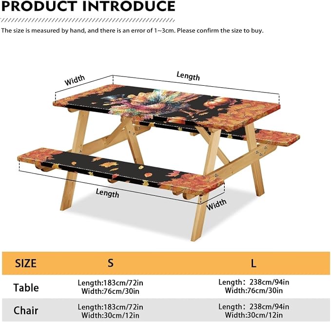 Thanksgiving 3 Piece Fitted Picnic Table Cover for Camping Party Supplies Turkey Pumpkin Maple Leaf Camping Tablecloth with Elastic Band