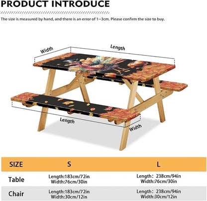 Thanksgiving 3 Piece Fitted Picnic Table Cover for Camping Party Supplies Turkey Pumpkin Maple Leaf Camping Tablecloth with Elastic Band