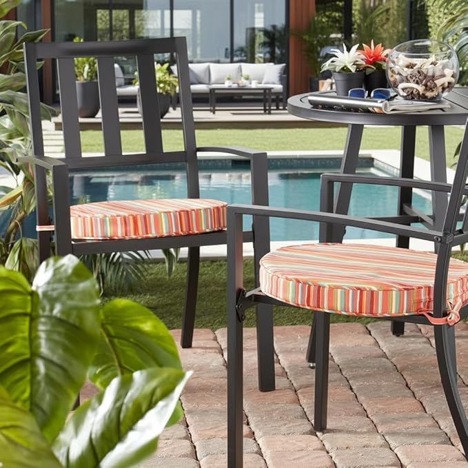 Set of 2 Outdoor 18 inch Round Patio Dining Chair Pads – Comfortable Fiber-Filled Seat Cushions with Ties, Reversible Polyester Fabric - Watermelon Stripe