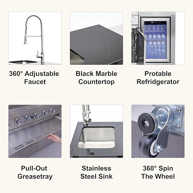 Outdoor Kitchen Island with Side Burn,4+1 Burner Modular Kitchen with Grill Station Cabinetry,304 Stainless Sink, Fridge, BBQ Set for Patios & Backyards (Stainless, 86 in-Side Burn)