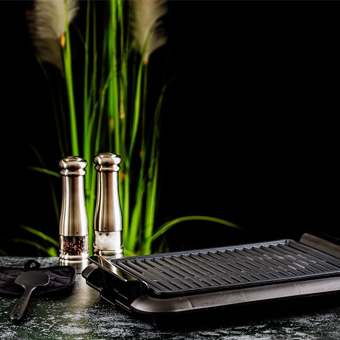 OVENTE Electric Indoor Grill, 15x10 Inch Non-Stick Plate, Black GD1510NLB | 1200W Fast Heat Up Power, Adjustable Temperature, Removable and Dishwasher Safe Grilling and Drip Tray
