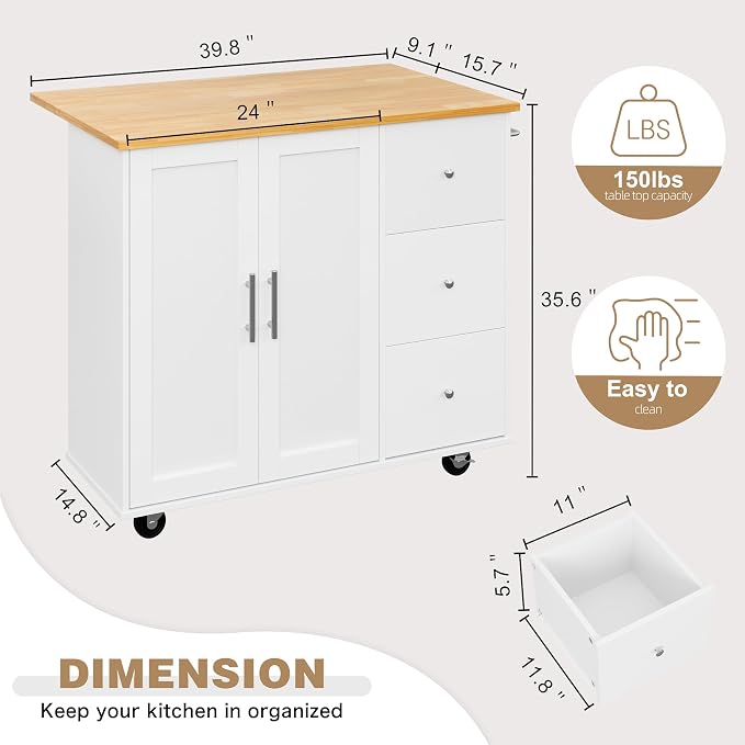 Shintenchi Kitchen Island with Folding Drop Leaf, Rolling Island Table with Storage, Kitchen Cabinet on Wheels with Seating Area for Kitchen, Bar Cart with Cabinet, White
