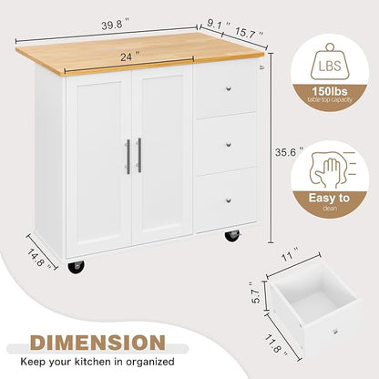 Shintenchi Kitchen Island with Folding Drop Leaf, Rolling Island Table with Storage, Kitchen Cabinet on Wheels with Seating Area for Kitchen, Bar Cart with Cabinet, White