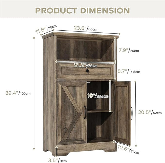 Floor Cabinet, Farmhouse Storage Cabinet with Barn Doors and Drawer, Freestanding Adjustable Shelf Organizer for Bathroom, Kitchen, Living Room Grey