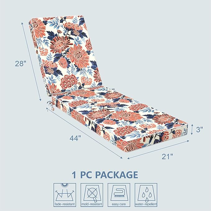 LVTXIII Outdoor Chaise Lounge Cushion 72x21x3 Inch, Water-Repellent Patio Seat Cushion with Ties & Hidden Zipper, Thick Foam Pad for Lawn Chair, Poolside, Patio Furniture, Vibrant Blossom