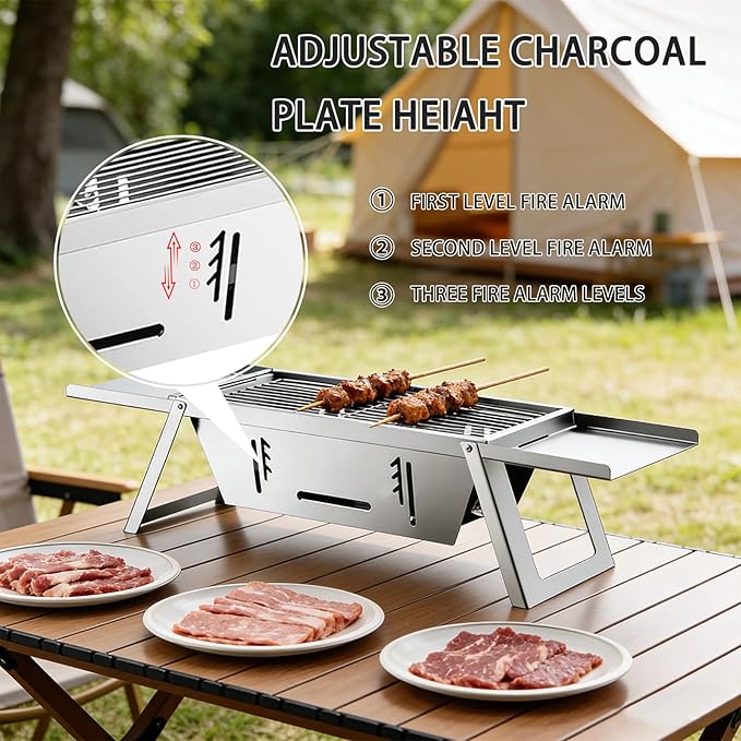 Foldable Small Charcoal Grill Portable Stainless Steel Charcoal Grill Perfect for 2-3 Outdoor Enthusiasts Ideal for Camping, BBQ, Picnics Tailgating Includes Gloves & Carry Bag