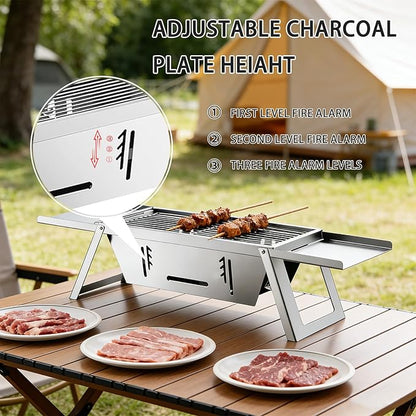 Foldable Small Charcoal Grill Portable Stainless Steel Charcoal Grill Perfect for 2-3 Outdoor Enthusiasts Ideal for Camping, BBQ, Picnics Tailgating Includes Gloves & Carry Bag