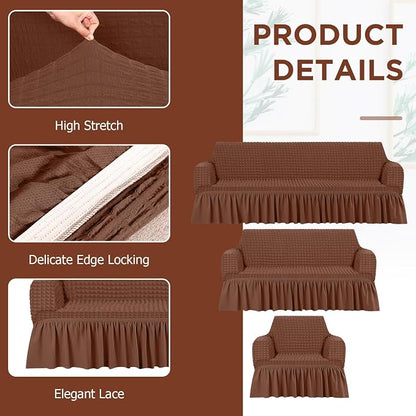 Fanfanwin 3 Pcs Sofa Slipcover Set for Couch Cushion Durable Washable High Elastic Stretchable Furniture Couch Covers with Skirt for Sofa Loveseat Arm Chair(Brown,Seersucker)