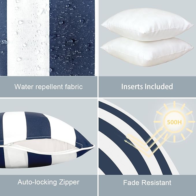 LVTXIII Outdoor Throw Pillows 18x18 Patio Waterproof Square Pillows with Piping Fade Resistant Accent Pillow for Spring Summer Garden Decoration, Set of 2, Cabana Navy