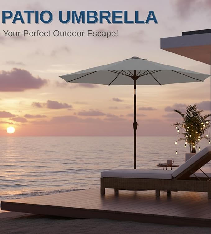 9FT Auto-Tilt Patio Umbrella|Outdoor Market Table Umbrella with 8 Fiberglass Ribs for Pool,Deck&Backyard