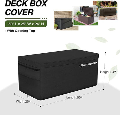 Porch Shield Patio Deck Box Storage Cover - 600D Outdoor Waterproof Tear Resistant Rectangular Fire Pit Table Cover 50 x 25 x 24 inches（Top Zipper, Black）