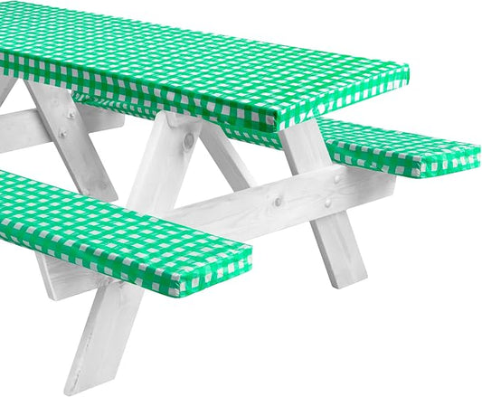 LINPRO 6ft Picnic Table Cover with Bench Covers Vinyl Fitted Picnic Table Covers with Elastic Camping Essentials and Picnic Tablecloth and RV Accessories