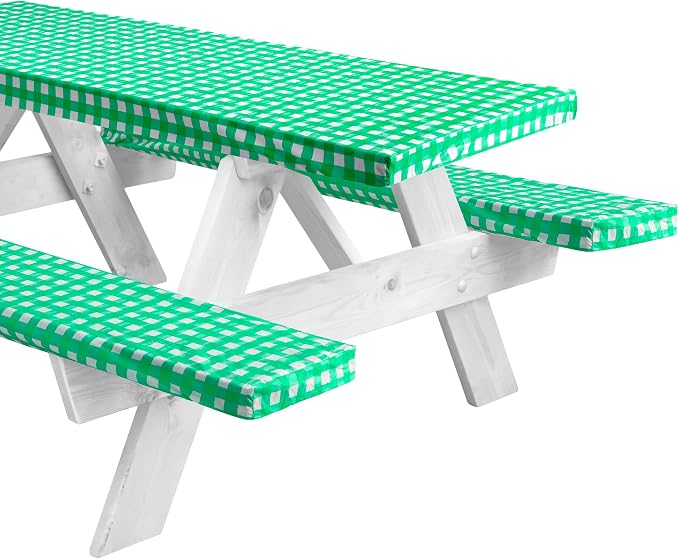 LINPRO 8ft Picnic Table Cover with Bench Covers Vinyl Fitted Picnic Table Covers with Elastic Camping Essentials and Picnic Tablecloth and RV Accessories