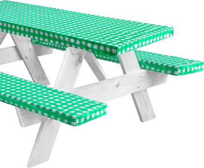 LINPRO 8ft Picnic Table Cover with Bench Covers Vinyl Fitted Picnic Table Covers with Elastic Camping Essentials and Picnic Tablecloth and RV Accessories