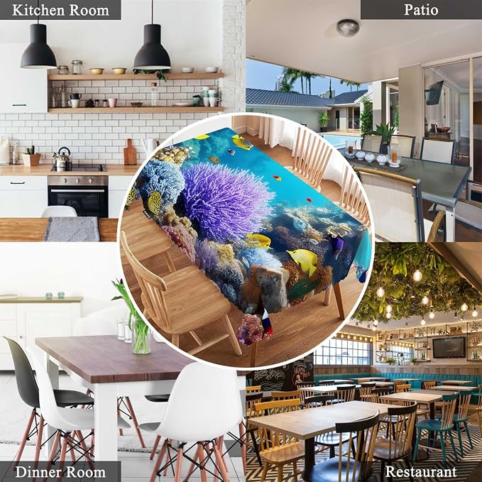 Swono Underwater World Tablecloths Tropical Coral Reefs Jellyfish Kitchen Dinning Tabletop Decoration, Polyester Table Cover for Indoor Outdoor 50x72 Inch Tablecloth