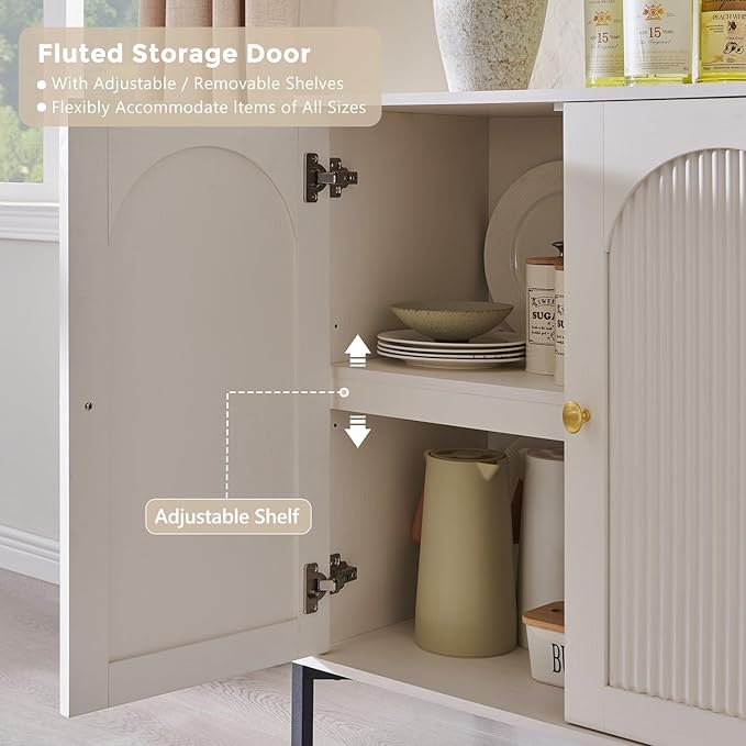 IFGET Modern Buffet Cabinet with Storage, 34" Tall Fluted Arched Sideboard Cabinet w/Adjustable Shelves, Wooden Modular Coffee Bar for Dining Room, Kitchen, Living Room, Entryway, White