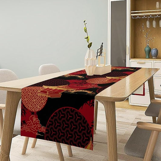 Vintage Oriental Landscape Table Runner Asian Chinese Luxury Red Black Gold Bamboo Pagoda Bridge Dinner Runner Table Decoration for Home Kitchen Dining Table Party 13x70in